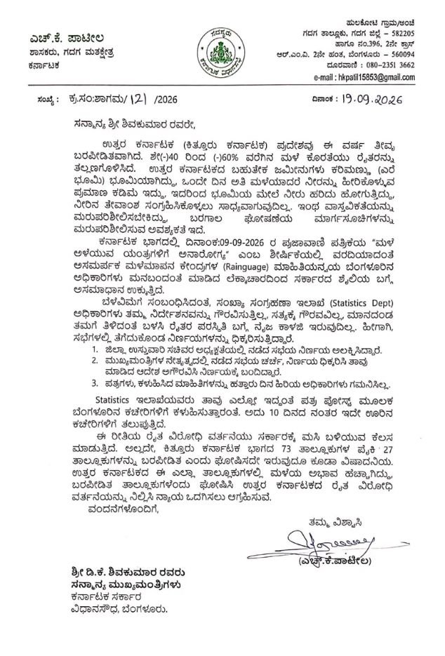 H.K. Patil’s September 19, 2026 letter to Chief Minister D.K. Shivakumar on drought assessment in North Karnataka