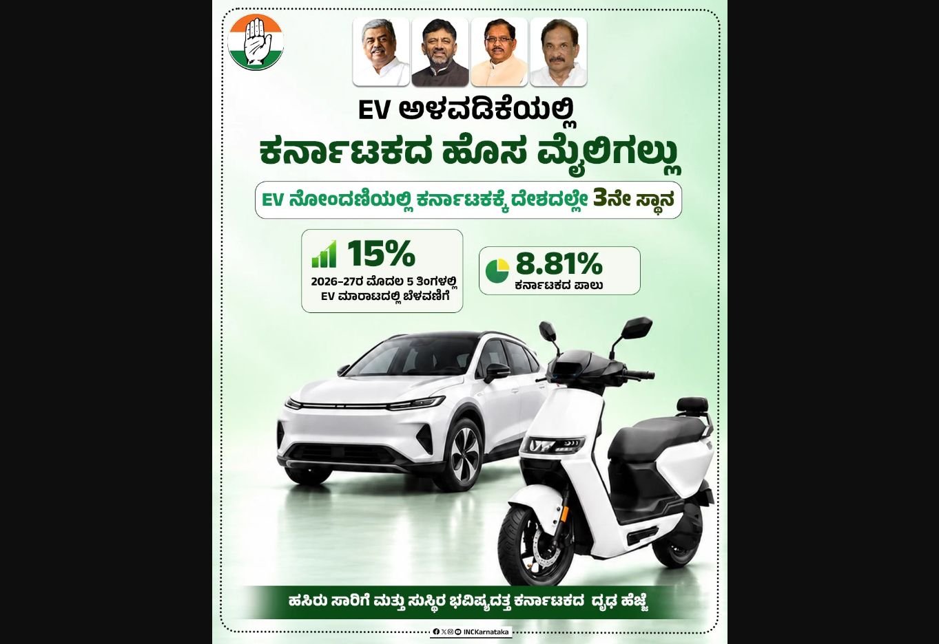 Karnataka Congress Claims State Ranks Third in EV Registrations With 8.81% National Share
