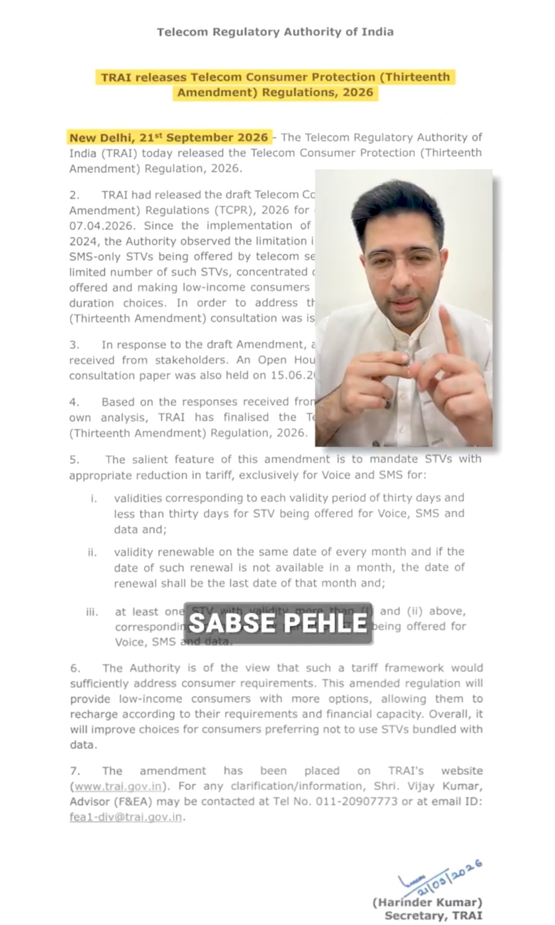 Raghav Chadha discusses prepaid mobile plans, with a TRAI notice visible in the background
