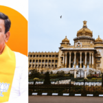 Photo composite of B.Y. Vijayendra and Vidhana Soudha using separate file images.