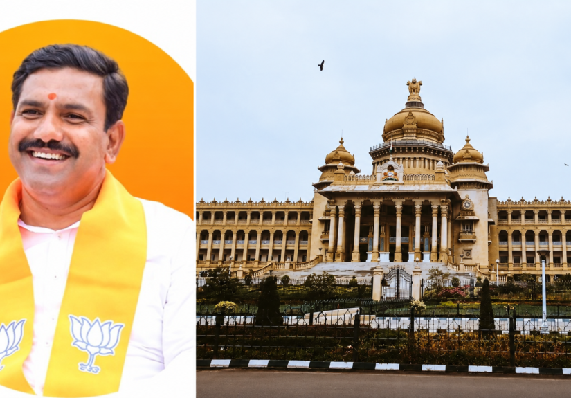 Photo composite of B.Y. Vijayendra and Vidhana Soudha using separate file images.