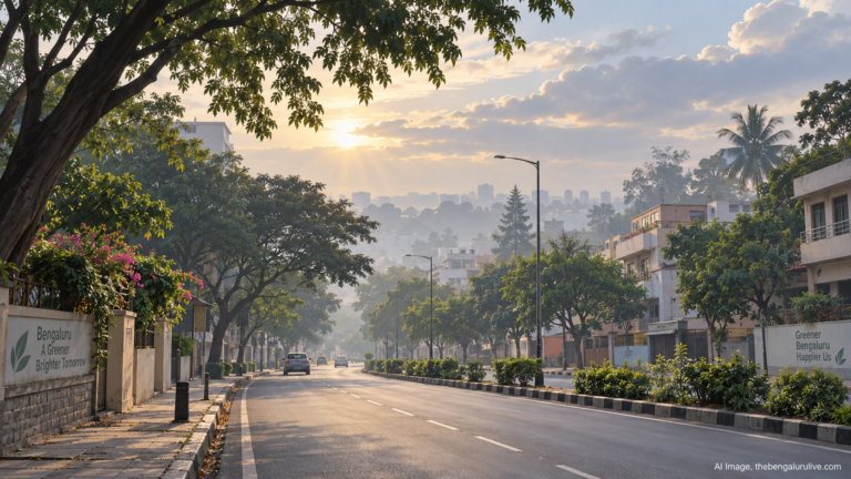 AI-generated representational illustration of a Bengaluru road with early-morning mist.