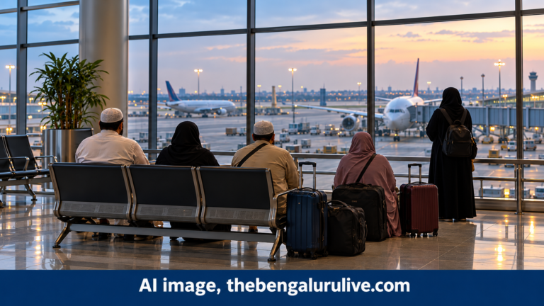 AI-generated representation for the Karnataka Umrah pilgrims report: anonymous travelers waiting with luggage at an airport, not actual stranded pilgrims.