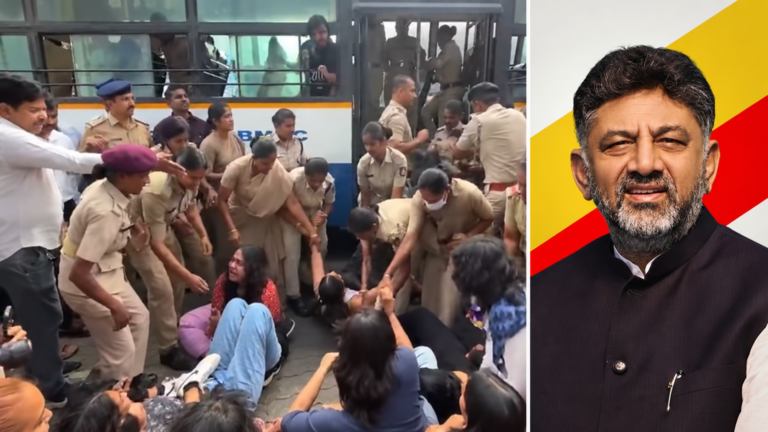 AI-assisted editorial collage based on supplied photographs of Bengaluru protesters and a separate portrait of D K Shivakumar