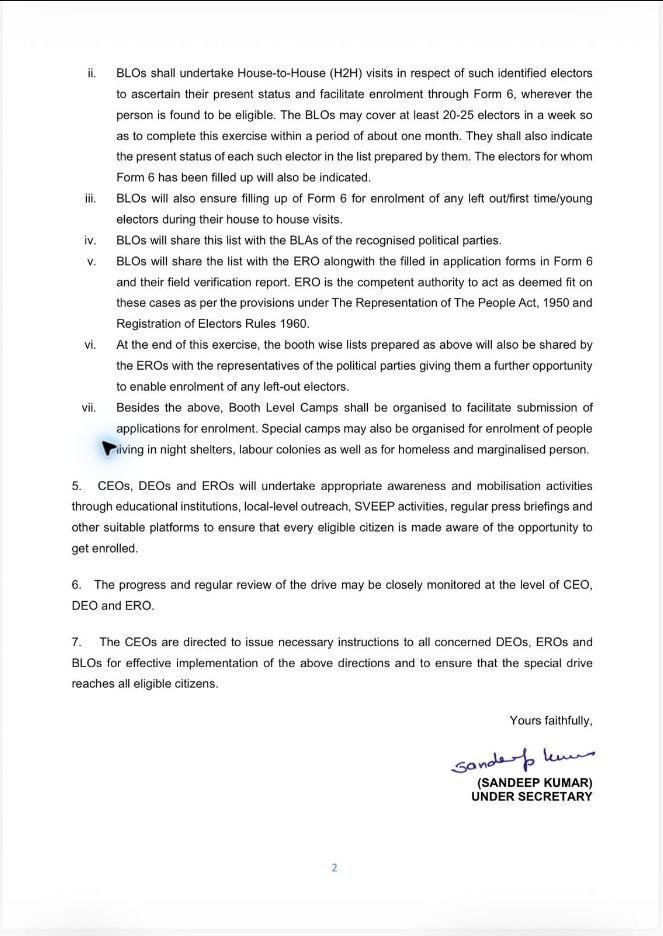 ECI special enrolment drive directions, page 2