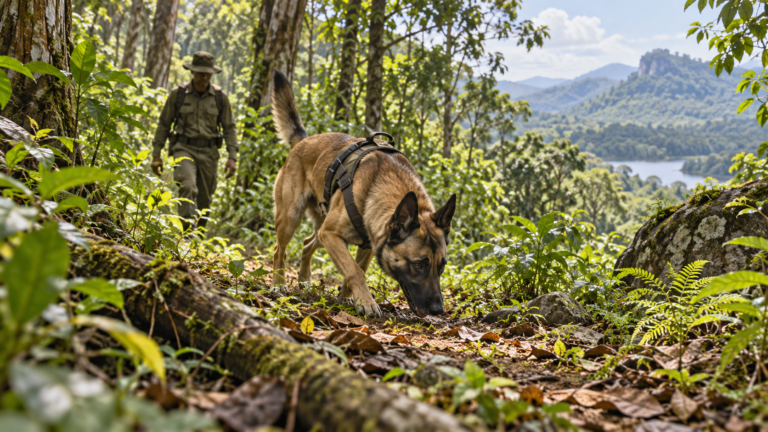 AI-generated representational illustration of a forest scent dog and ranger, not an actual operation