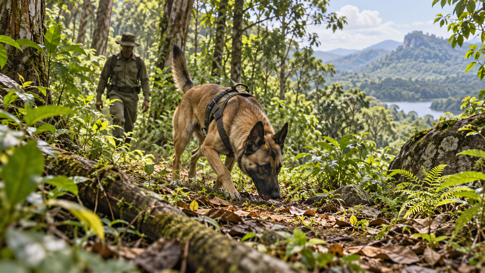 AI-generated representational illustration of a forest scent dog and ranger, not an actual operation
