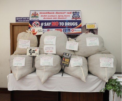 Bags of seized ganja displayed by Bengaluru police