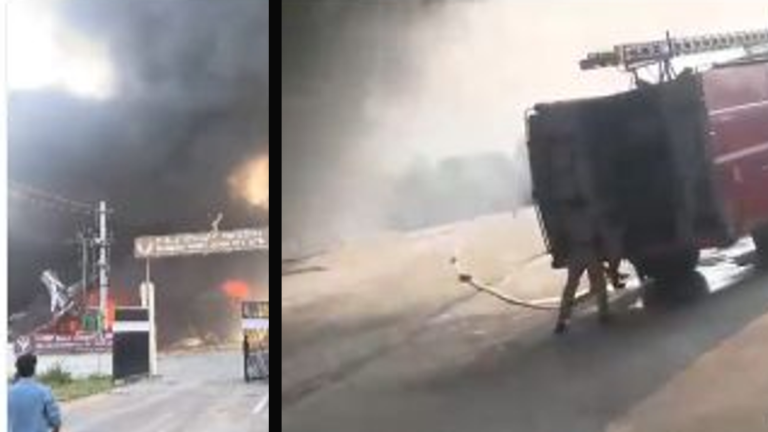 Flames and a fire engine at the Garuda Mart Industries unit in the source videos