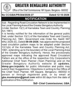 GBA public notice on proposed Bengaluru road circulation maps, dated October 12, 2026