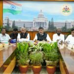 DK Shivakumar addressing a briefing with other leaders at Krishna in Bengaluru