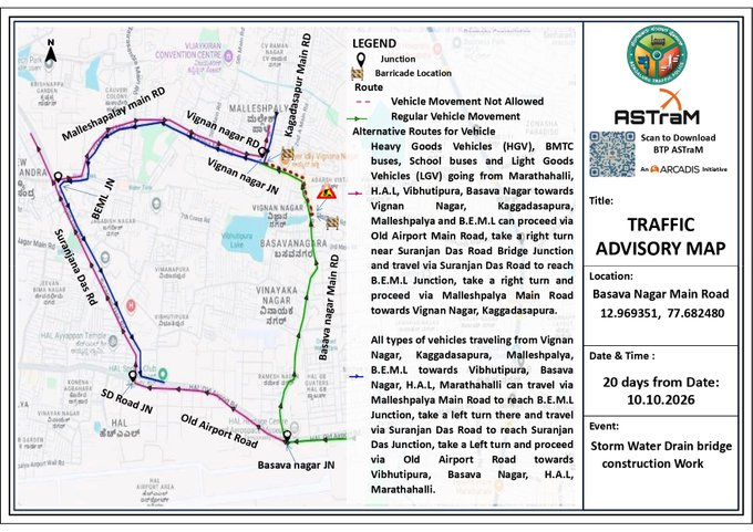 Official traffic diversion map for Basava Nagar Main Road closure from October 10