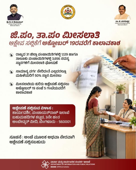 Official Karnataka Panchayat seat reservation announcement with October 19 objection deadline