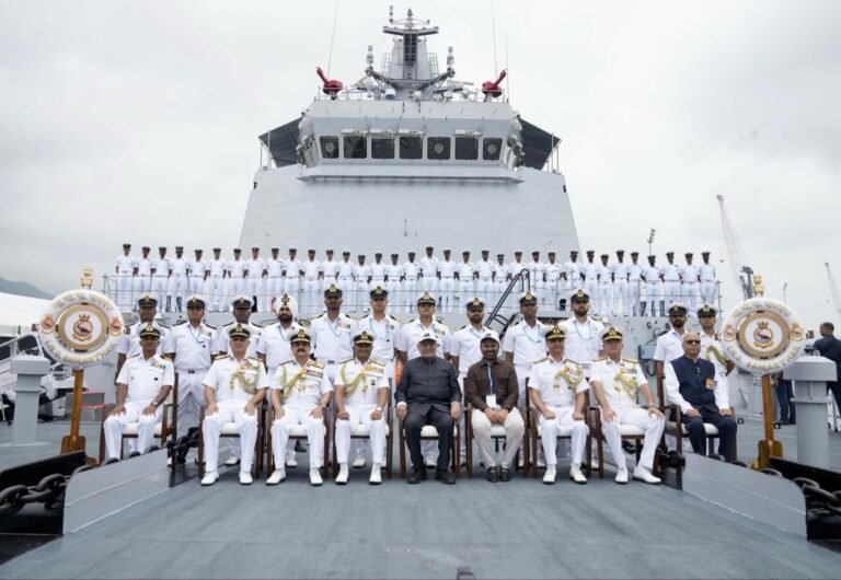Vice-President C. P. Radhakrishnan with naval officers aboard INS Samarthak at Karwar