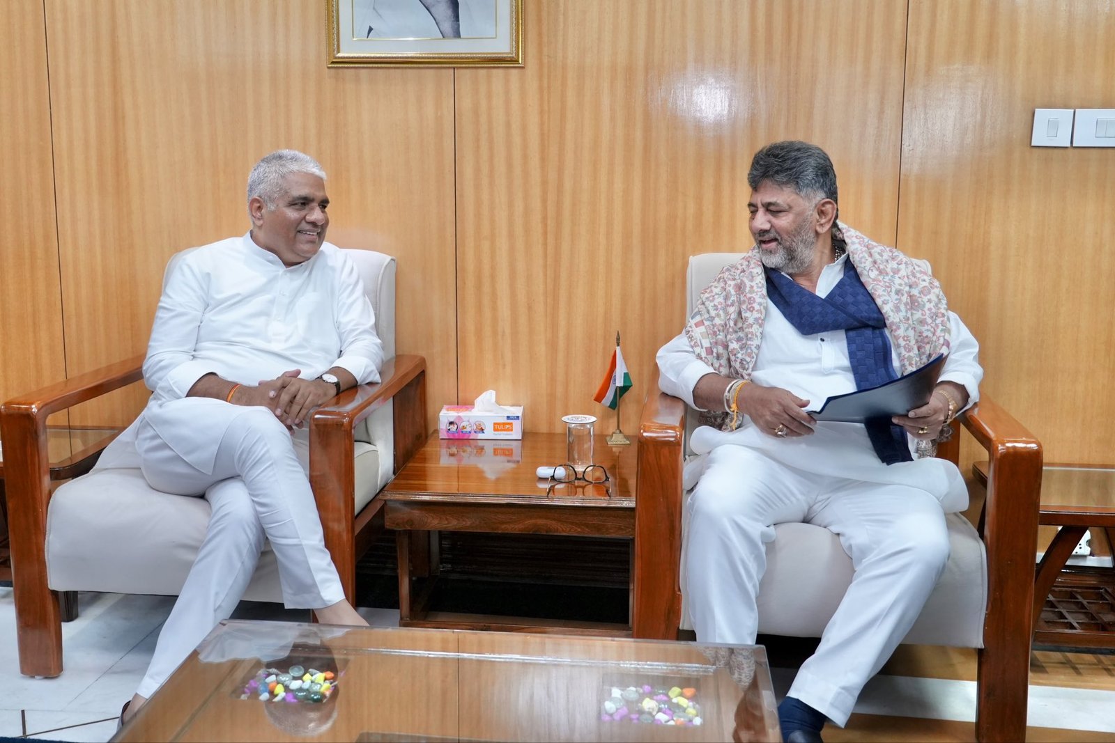 Bhupender Yadav and D K Shivakumar during their meeting in New Delhi
