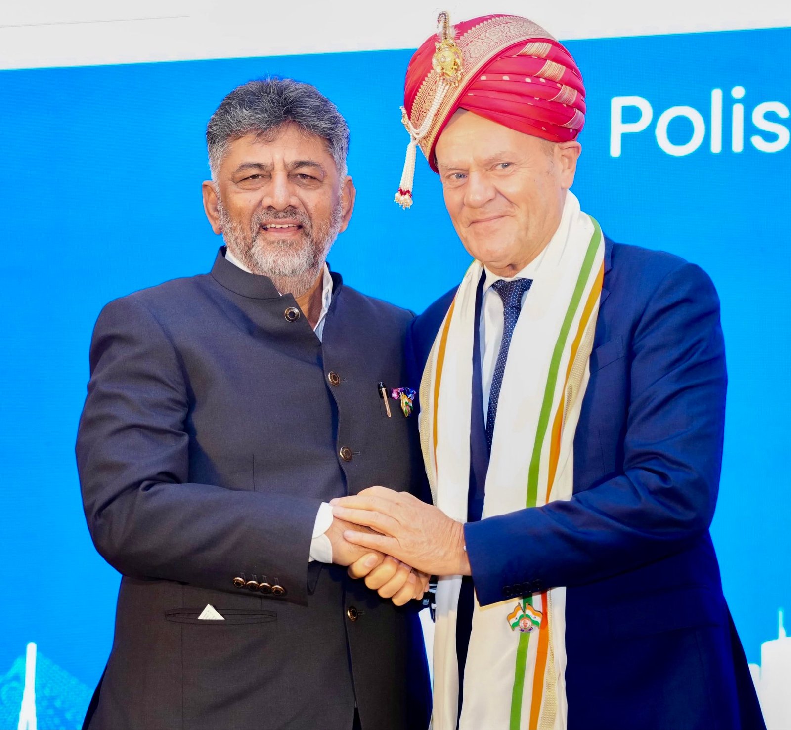 D K Shivakumar and Polish Prime Minister Donald Tusk at the India–Poland business meeting in Bengaluru