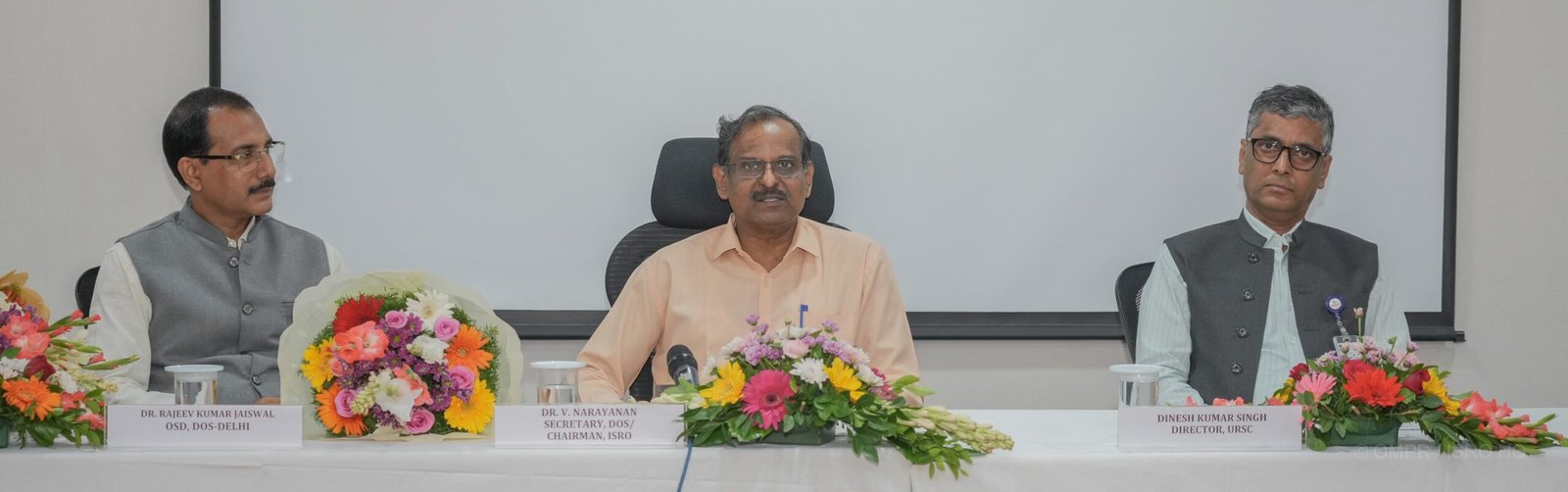 ISRO Chairman V. Narayanan seated with officials at the ESTIC 2026 curtain raiser in Bengaluru