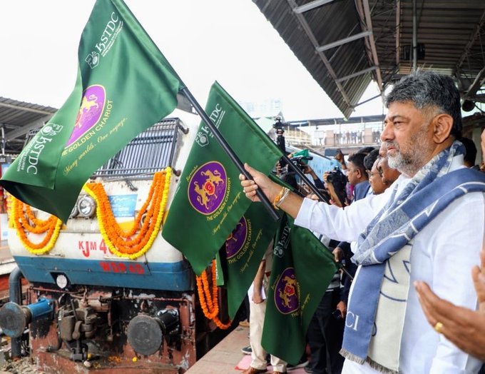 DK Shivakumar flags off the Golden Chariot tourist train at KSR Bengaluru station