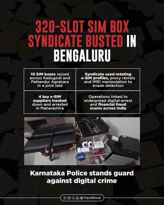 SIM-box bust graphic and seized devices shared by Priyank Kharge on X