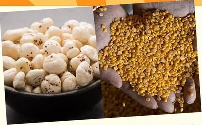 Makhana on the left and arhar dal on the right in product photographs used in the PMO graphic