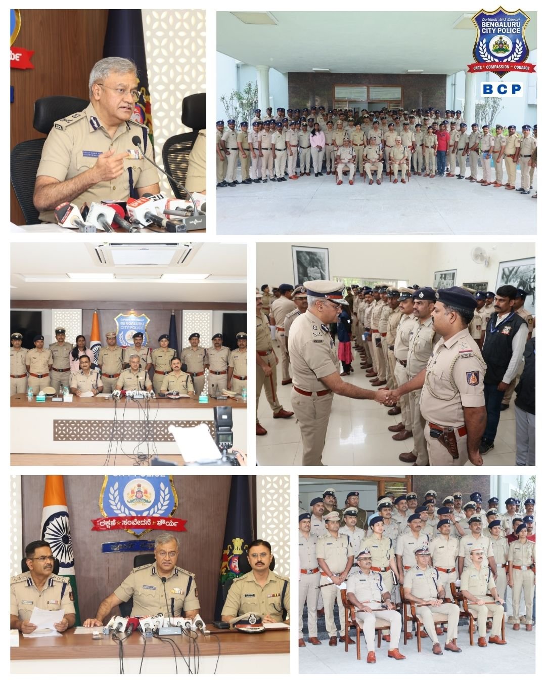 Bengaluru police officers at the briefing and with the investigation team