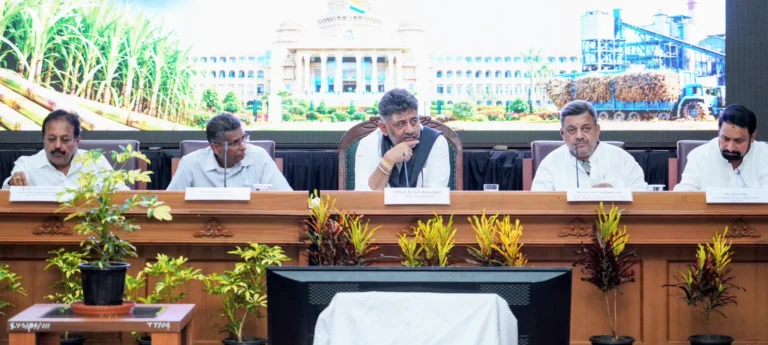D K Shivakumar seated centrally with ministers at the sugar mill owners meeting at Suvarna Soudha in Belagavi
