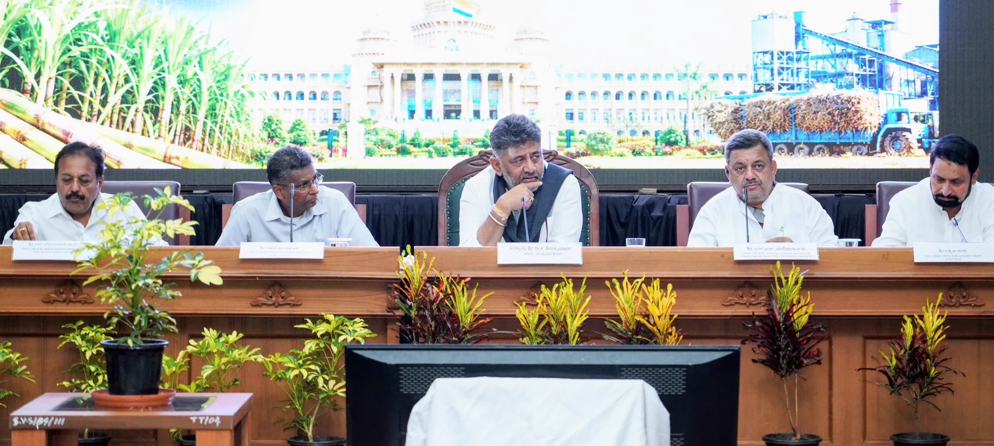 D K Shivakumar seated centrally with ministers at the sugar mill owners meeting at Suvarna Soudha in Belagavi