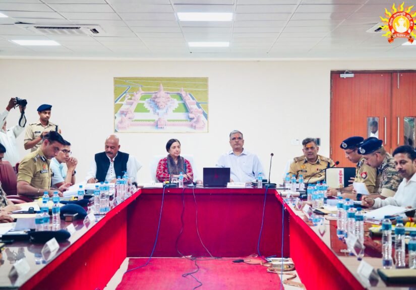 Officials seated around a red U-shaped table during the October 28 security review at the Shri Ram Janmabhoomi complex in Ayodhya