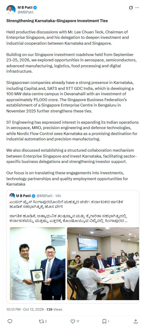 Karnataka, Enterprise Singapore discuss structured investment partnership 2 Original X post with account identity, complete relevant text and timestamp