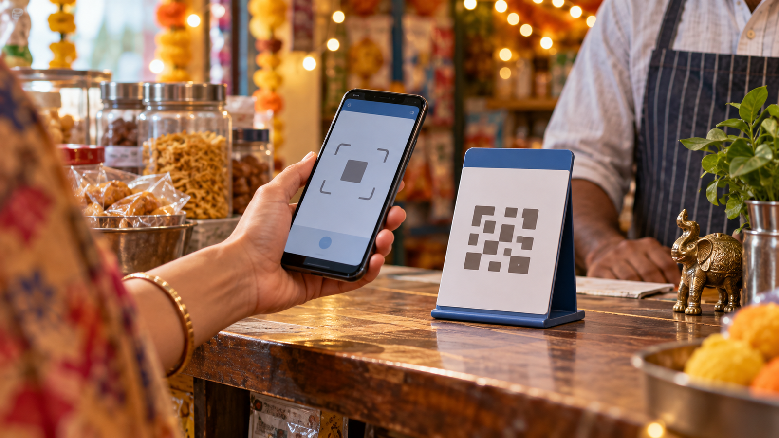 AI-generated representational illustration of a digital payment at a shop, not an actual transaction