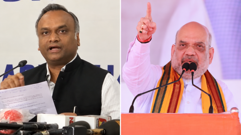 AI-assisted representational collage of file portraits of Priyank Kharge and Amit Shah