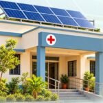 Representational hospital building with rooftop solar panels, cropped from the source graphic