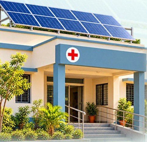 Representational hospital building with rooftop solar panels, cropped from the source graphic
