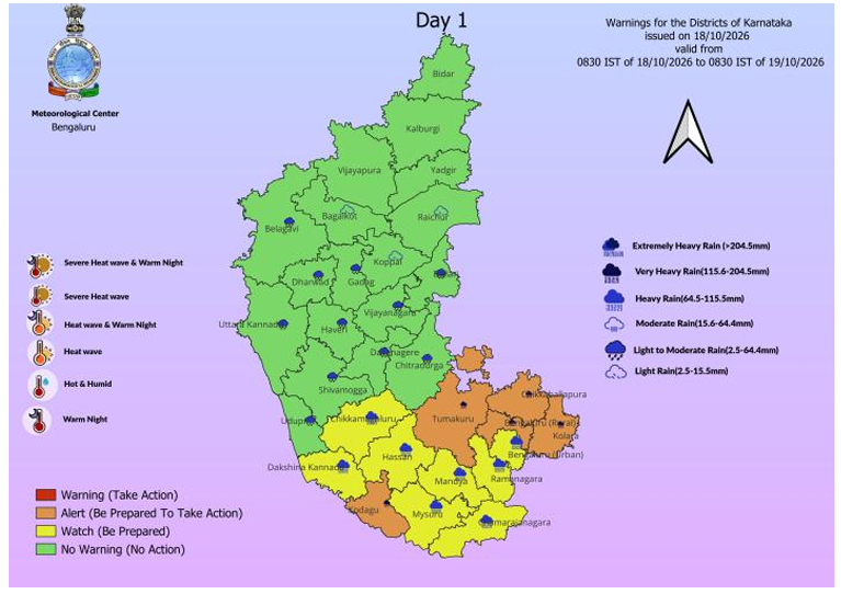 IMD Karnataka rainfall warning map issued on October 18, 2026
