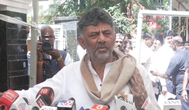 D K Shivakumar speaks to reporters outside his Sadashivanagar residence; screengrab from video