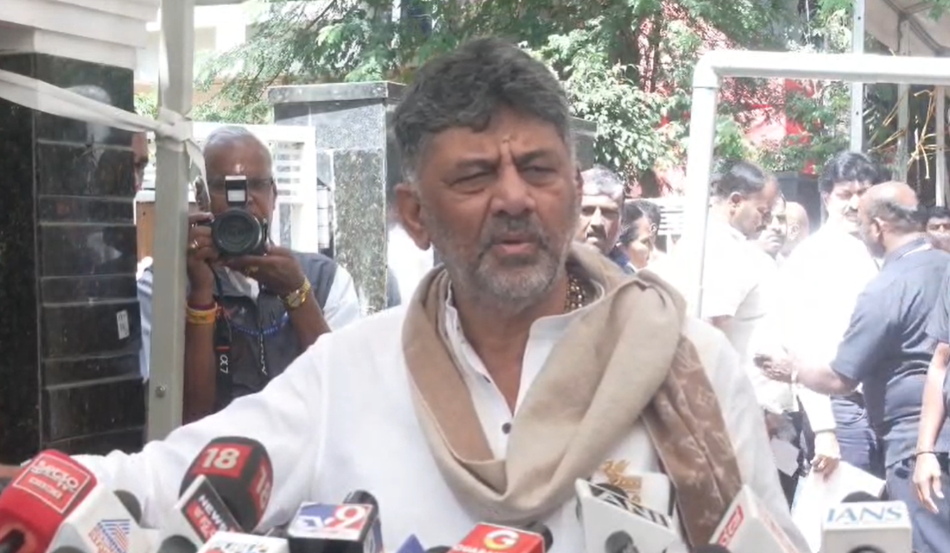 D K Shivakumar speaks to reporters outside his Sadashivanagar residence; screengrab from video