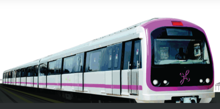 Namma Metro Pink Line train on elevated tracks.