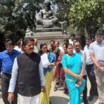 Minister T Raghumurthy and officials inspect the Maharshi Valmiki statue grounds in Bengaluru