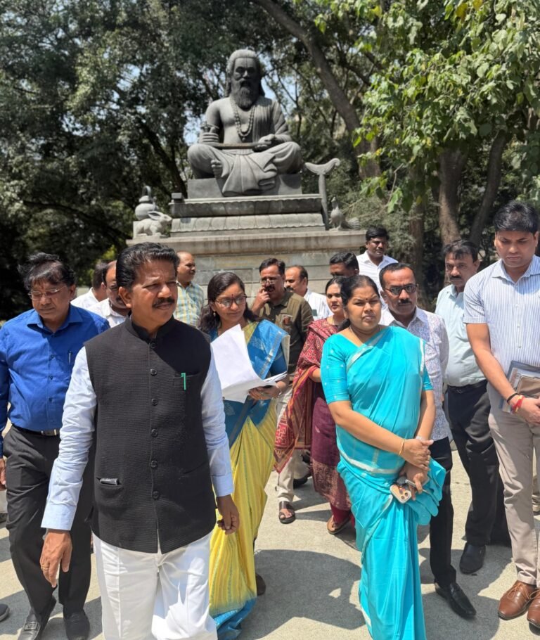 Minister T Raghumurthy and officials inspect the Maharshi Valmiki statue grounds in Bengaluru