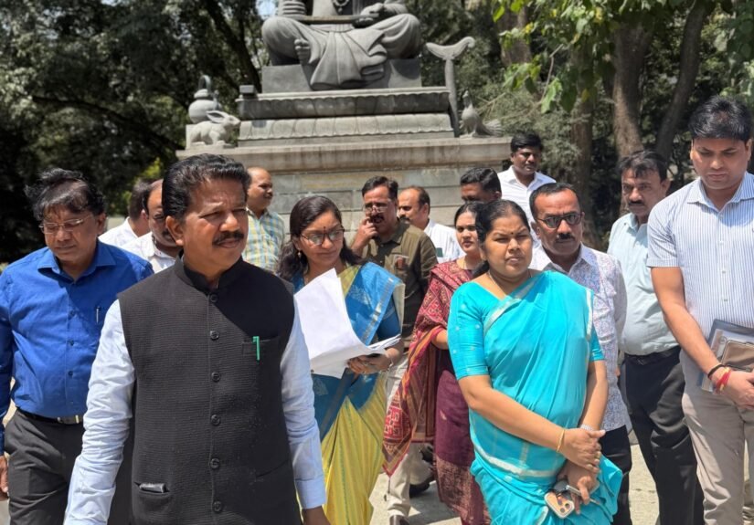 Minister T Raghumurthy and officials inspect the Maharshi Valmiki statue grounds in Bengaluru