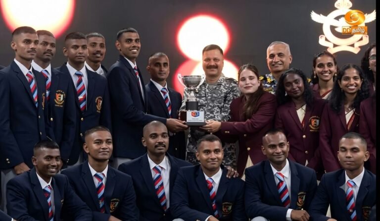 Karnataka and Goa NCC cadets pose with an award trophy alongside officials.