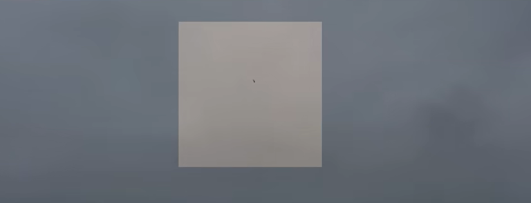 Supplied video still showing a small dark shape against a grey sky