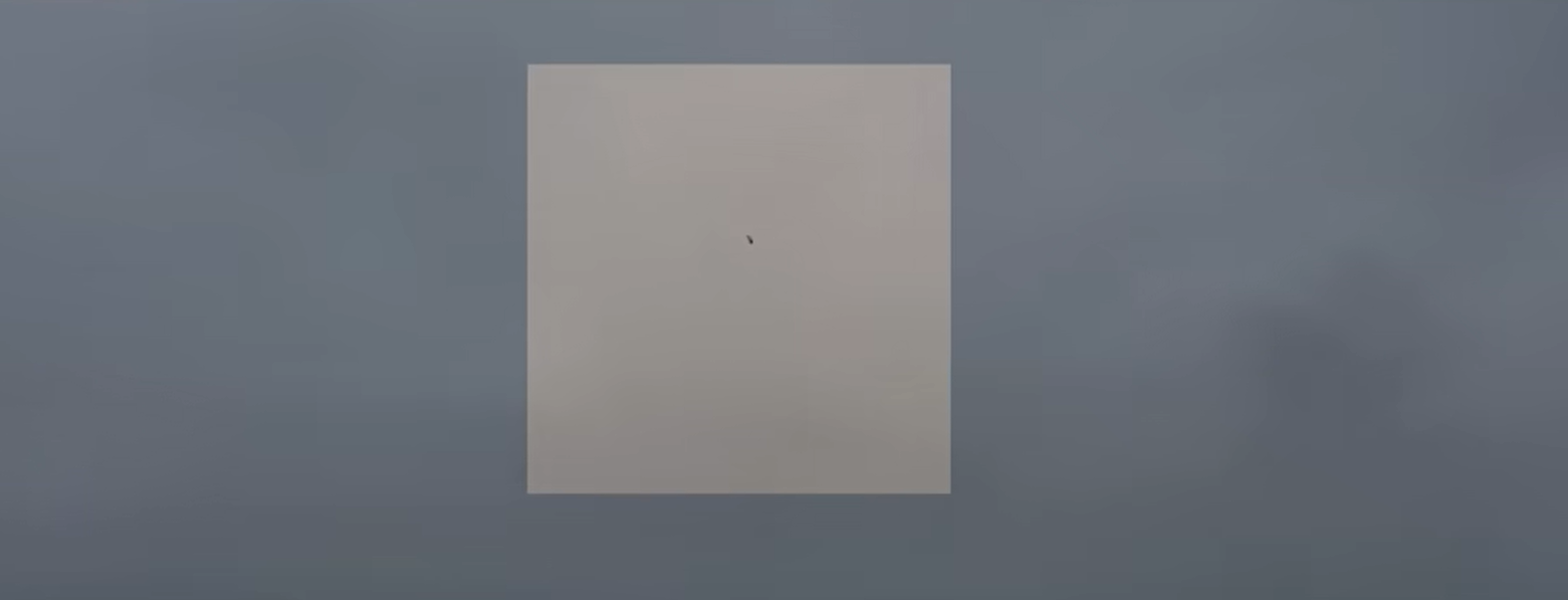 Supplied video still showing a small dark shape against a grey sky