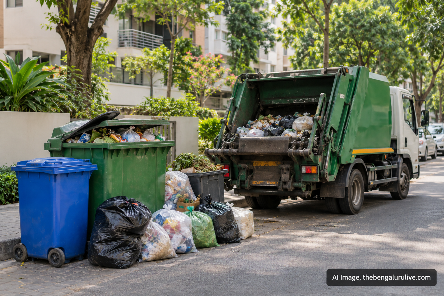 AI-generated representational image of garbage bins, waste bags and a collection truck in a generic Bengaluru neighbourhood.