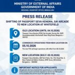 RPO Bengaluru notice showing Sai Arcade Passport Seva Kendra relocation to GM Tech Park Whitefield from October 5 2026