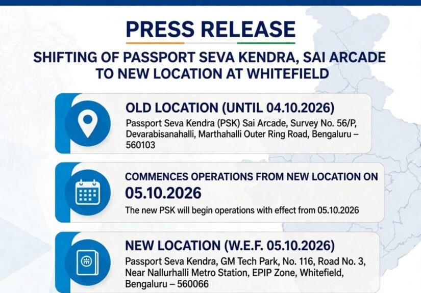 RPO Bengaluru notice showing Sai Arcade Passport Seva Kendra relocation to GM Tech Park Whitefield from October 5 2026