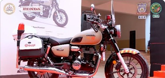 A traffic patrol motorcycle shown in Bengaluru Traffic Police footage of the vehicle flag-off initiative.
