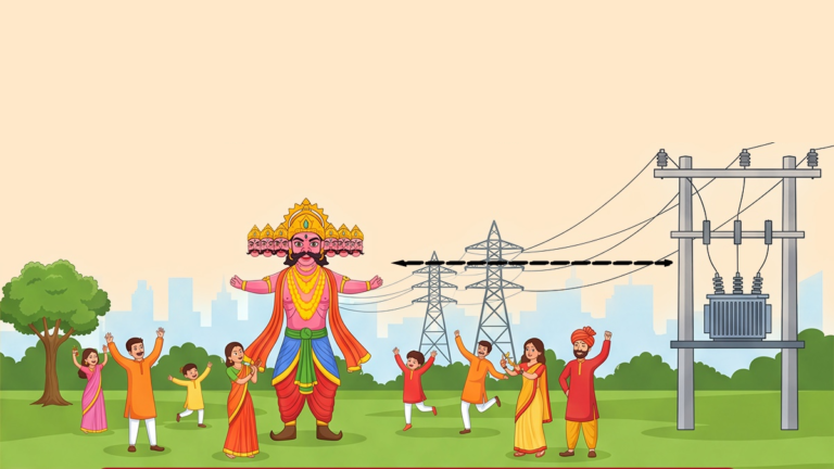 BESCOM safety illustration showing a Ravana effigy, festival participants, power lines and a transformer