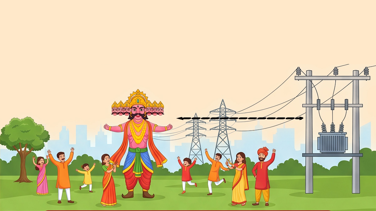 BESCOM safety illustration showing a Ravana effigy, festival participants, power lines and a transformer