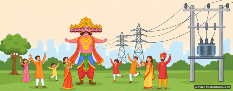 AI-generated representational illustration of a Ravana effigy, festival participants and nearby electrical infrastructure